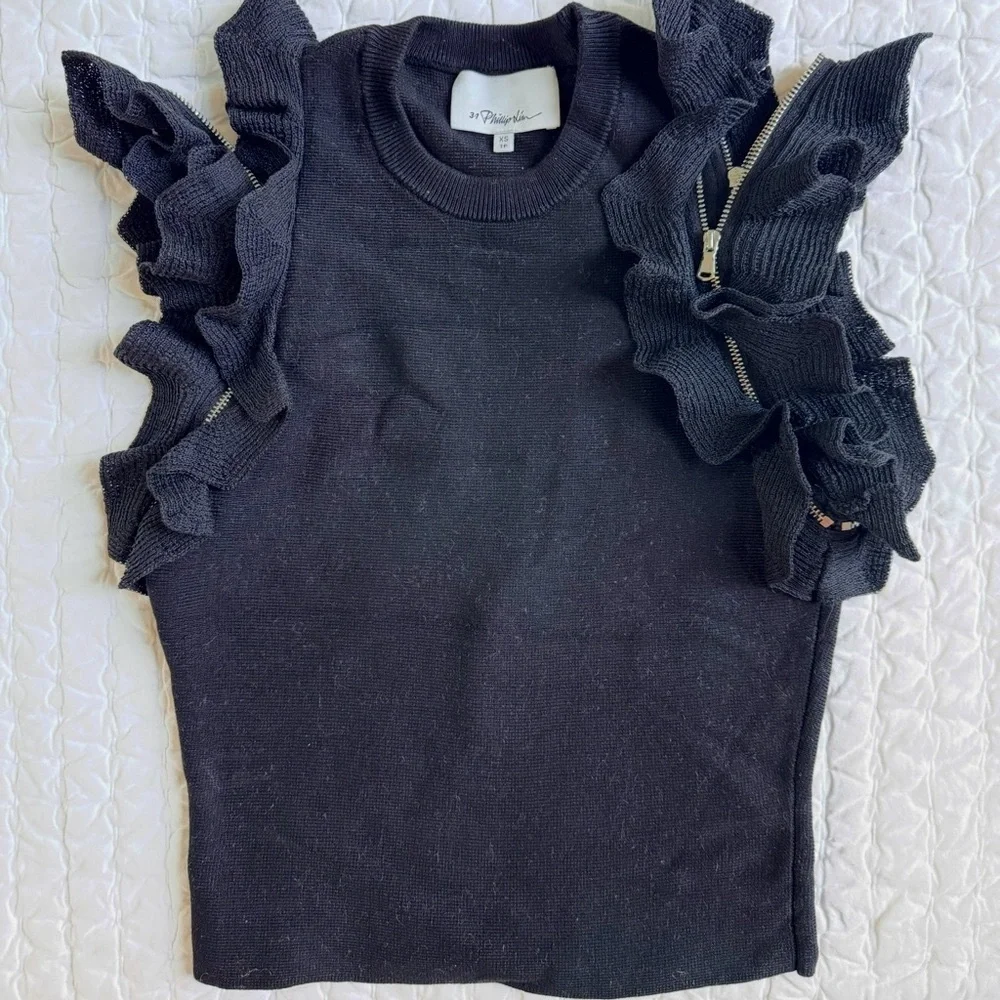 3.1 Phillip Lim Ruffle Knit Crop Top with Ruffle Zipper Detail in Black